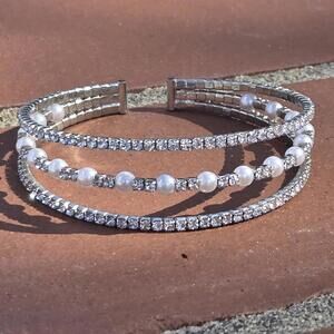 Elegant Stacked Pave Silver Tone White Imitation Pearl Beaded Cuff Bracelet